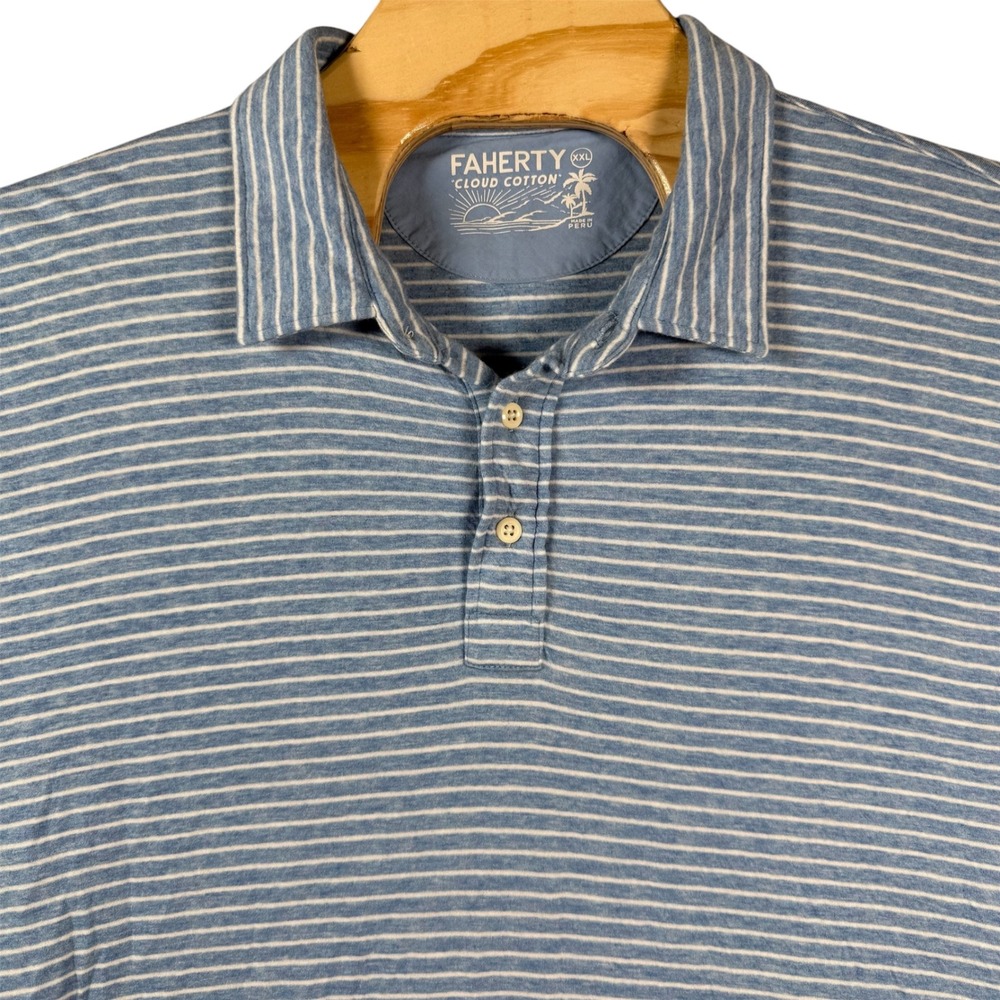 Faherty Polo Shirt Cloud‎ Cotton Mens XXL Blue Striped Short Sleeve Casual Golf